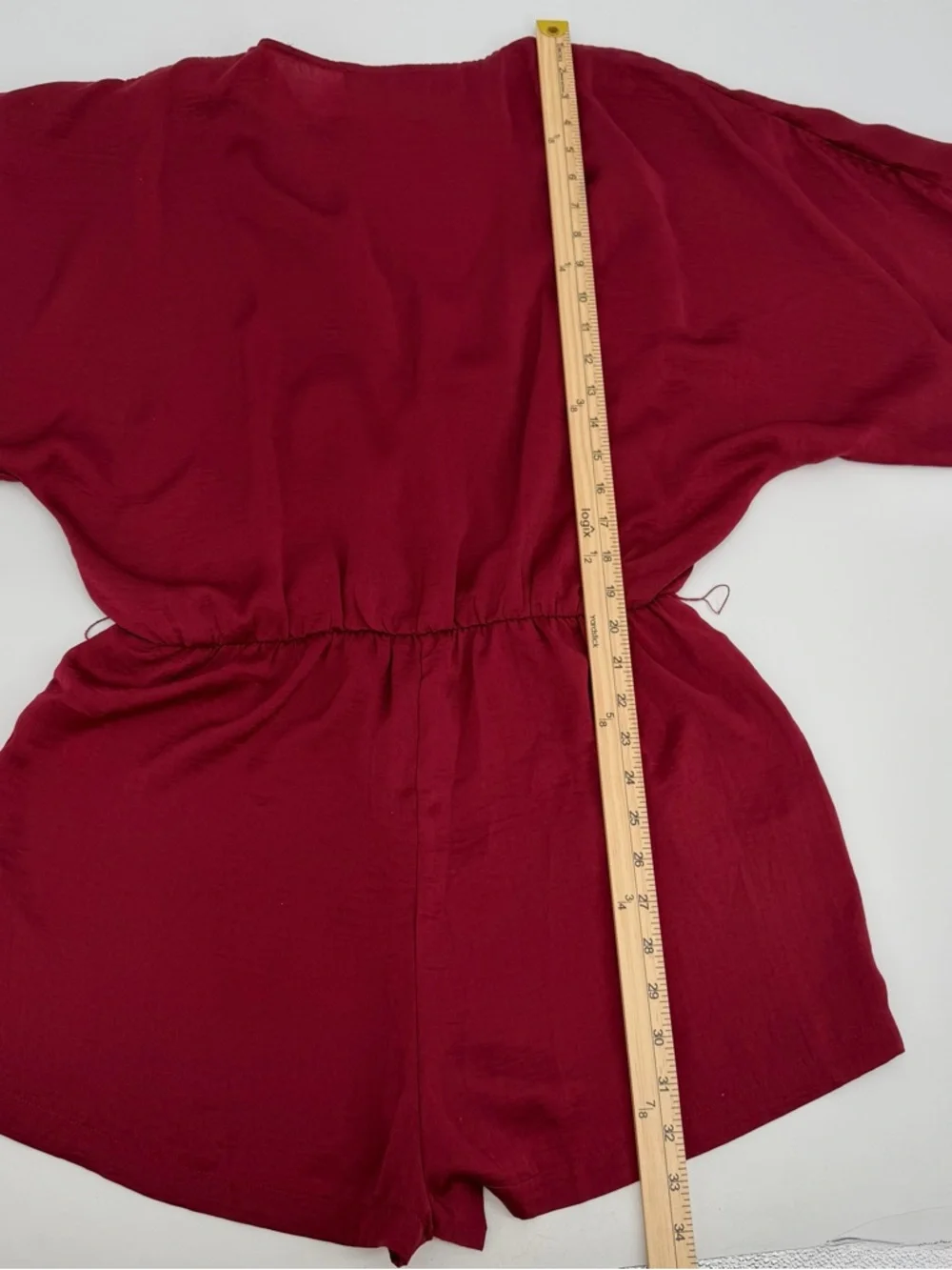 Lulu's Romper Womens M Dark Red Satin Plunge Neck Caftan Sleeves - missing belt